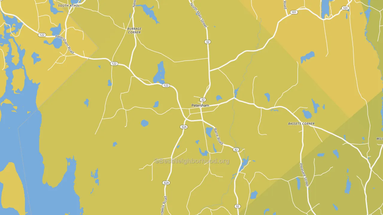 Map of the best neighborhoods in the 01366 area, with better matches in green and worse matches in red