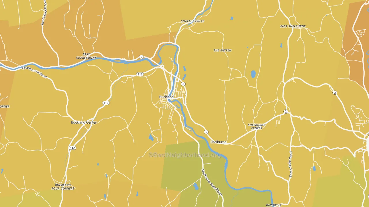 Map of the best neighborhoods in the 01370 area, with better matches in green and worse matches in red