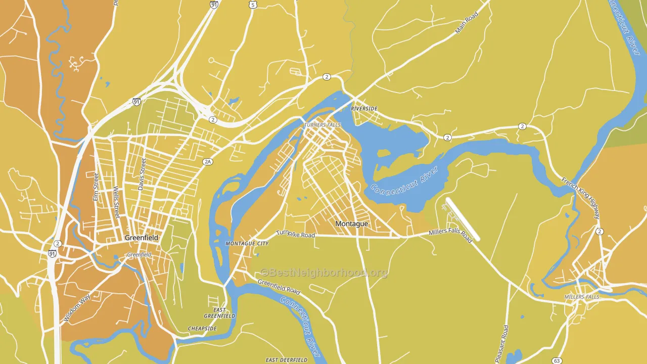 Map of the best neighborhoods in the 01376 area, with better matches in green and worse matches in red