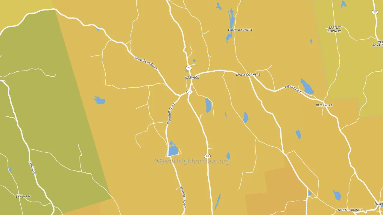 Map of the best neighborhoods in the 01378 area, with better matches in green and worse matches in red