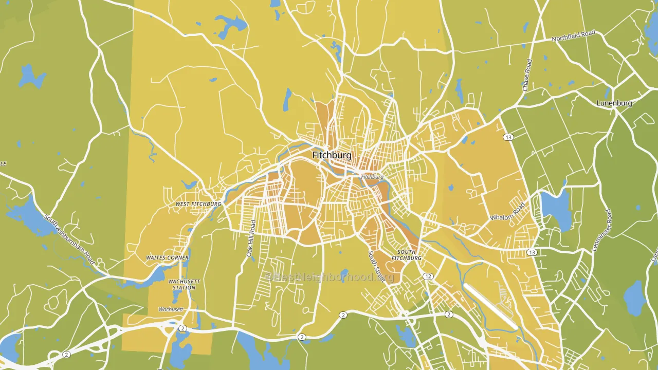 Map of the best neighborhoods in the 01420 area, with better matches in green and worse matches in red