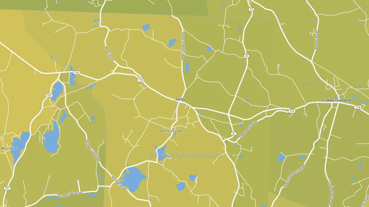 Map of the best neighborhoods in the 01431 area, with better matches in green and worse matches in red