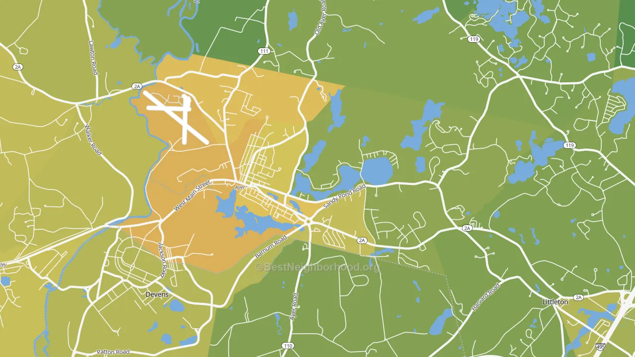 Map of the best neighborhoods in the 01432 area, with better matches in green and worse matches in red