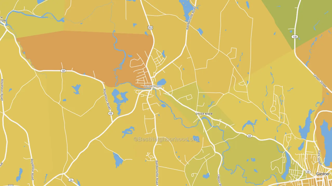 Map of the best neighborhoods in the 01436 area, with better matches in green and worse matches in red