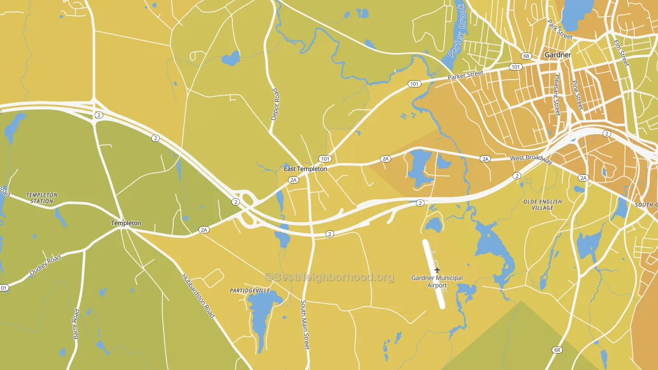 Map of the best neighborhoods in the 01438 area, with better matches in green and worse matches in red