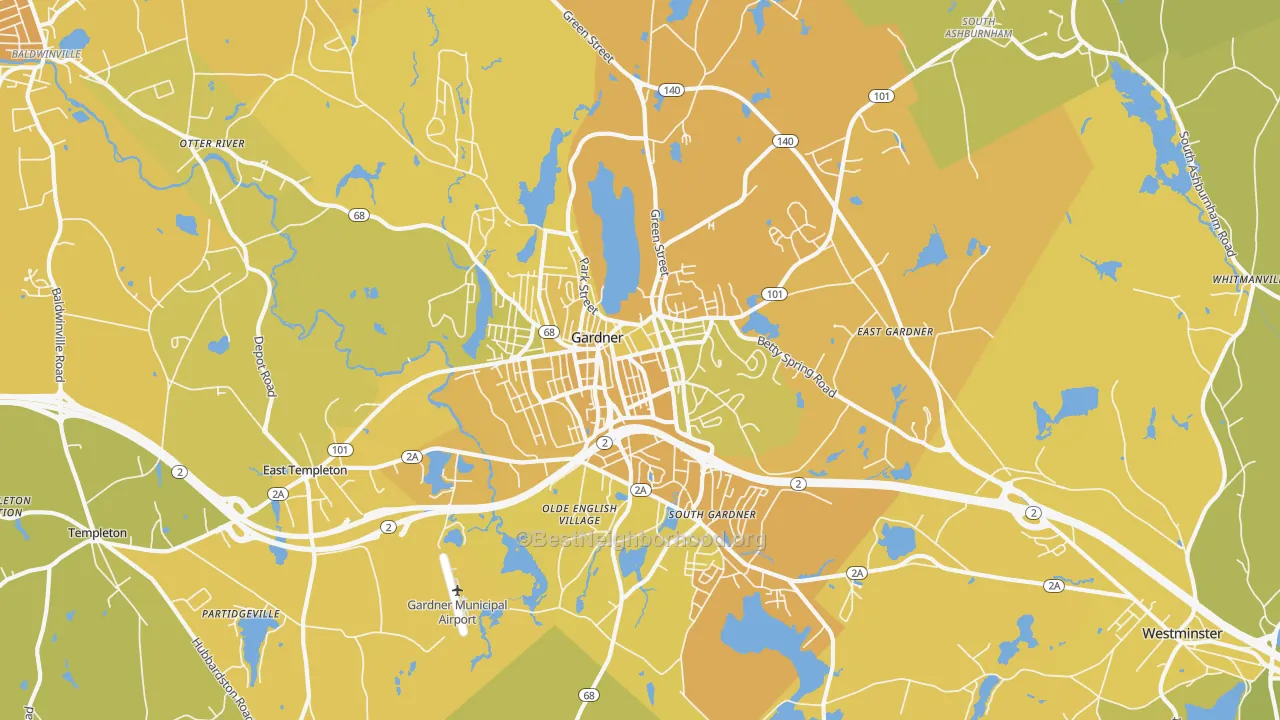 Map of the best neighborhoods in the 01440 area, with better matches in green and worse matches in red