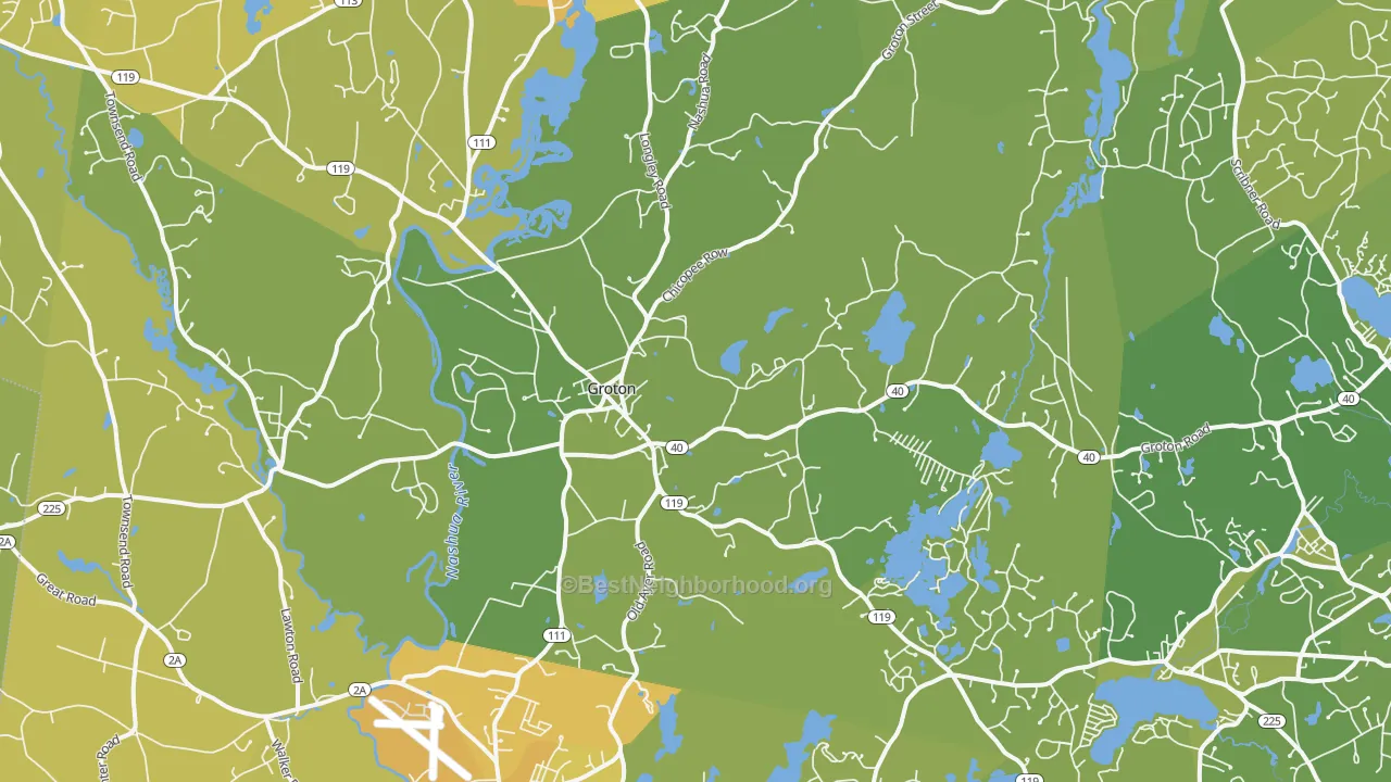 Map of the best neighborhoods in the 01450 area, with better matches in green and worse matches in red