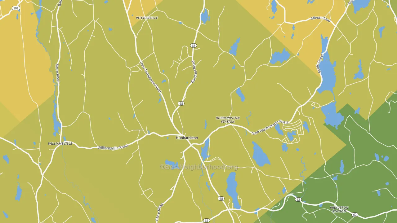 Map of the best neighborhoods in the 01452 area, with better matches in green and worse matches in red