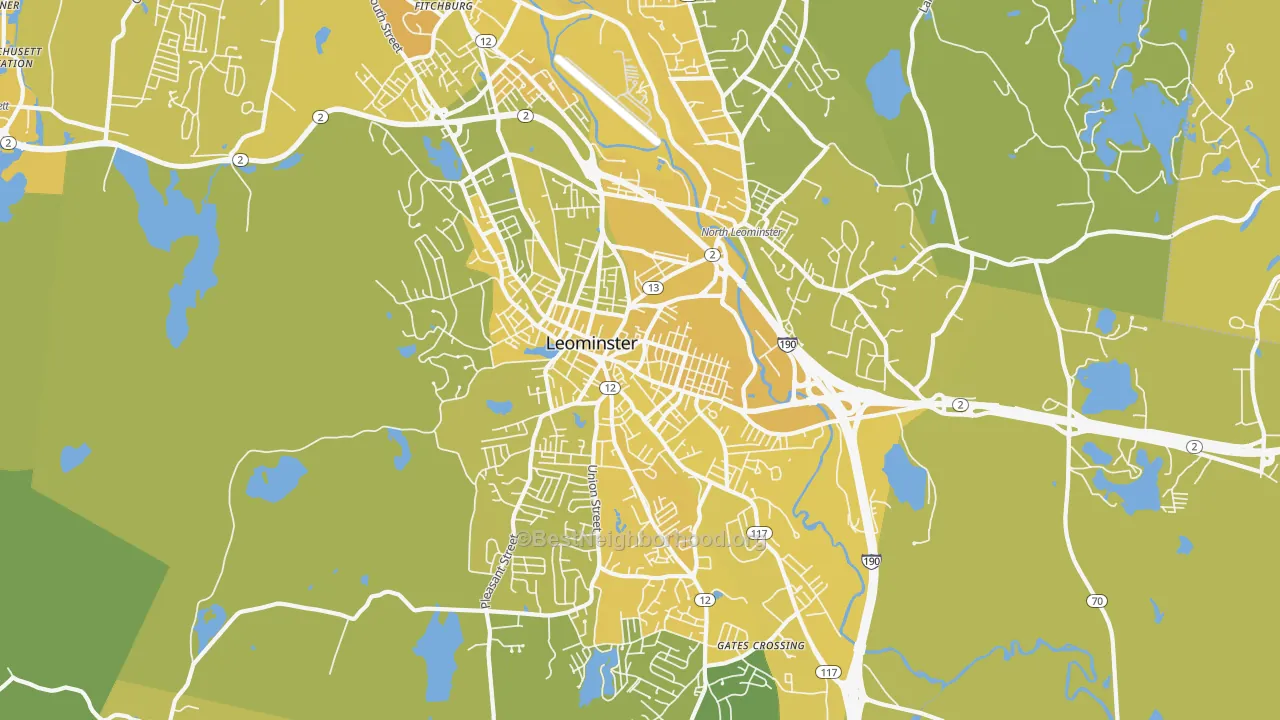 Map of the best neighborhoods in the 01453 area, with better matches in green and worse matches in red