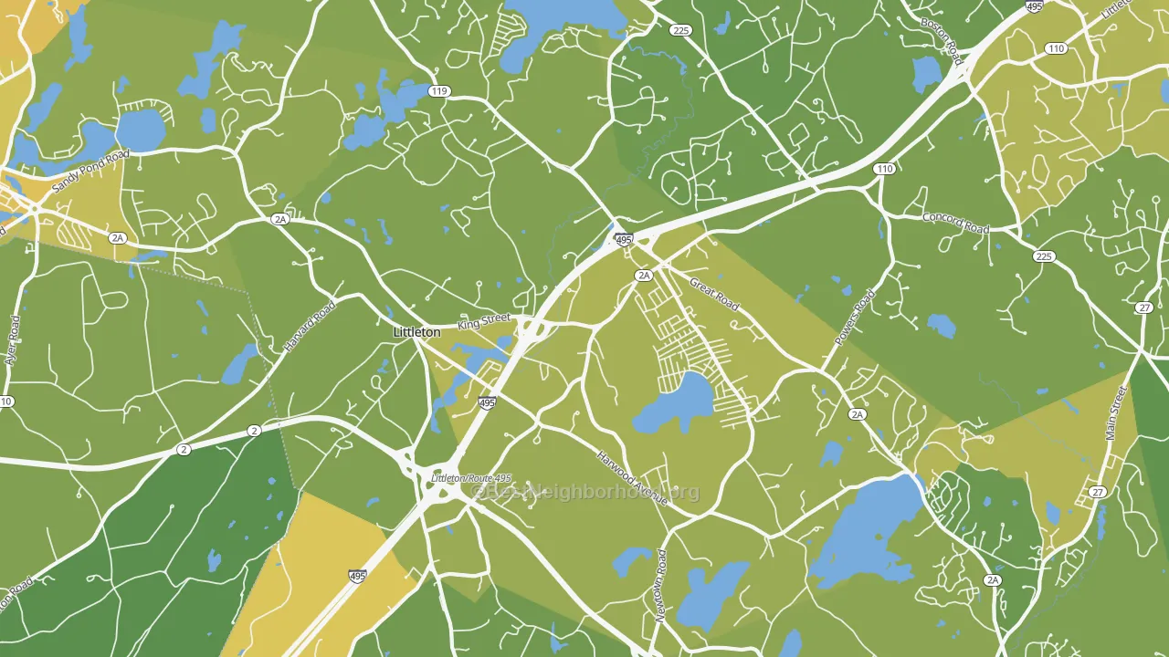 Map of the best neighborhoods in the 01460 area, with better matches in green and worse matches in red
