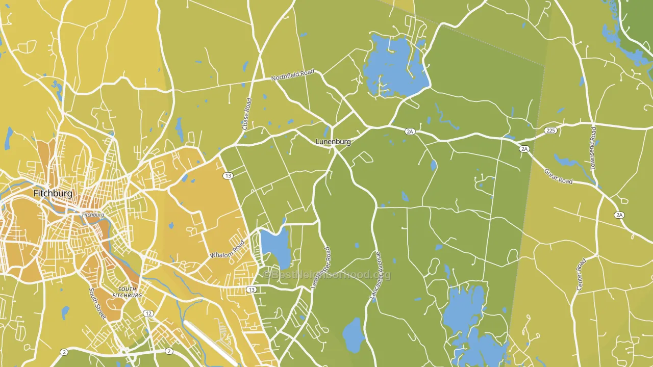 Map of the best neighborhoods in the 01462 area, with better matches in green and worse matches in red