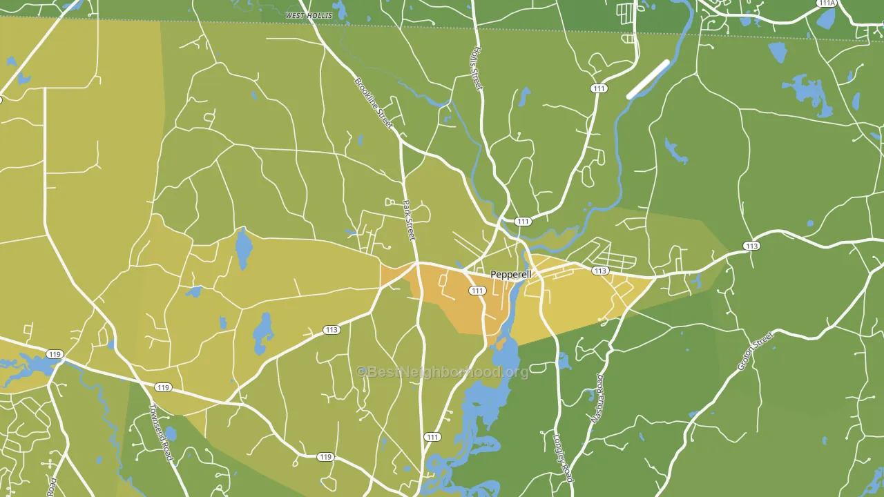 Map of the best neighborhoods in the 01463 area, with better matches in green and worse matches in red