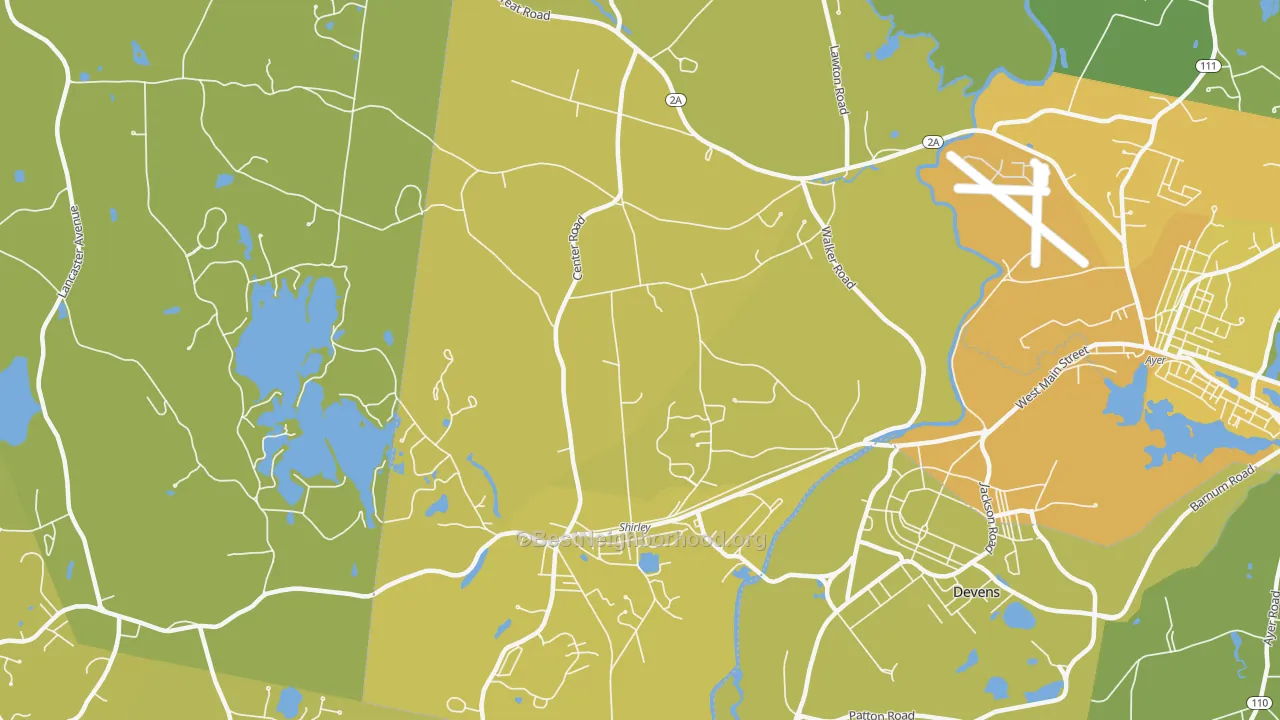 Map of the best neighborhoods in the 01464 area, with better matches in green and worse matches in red