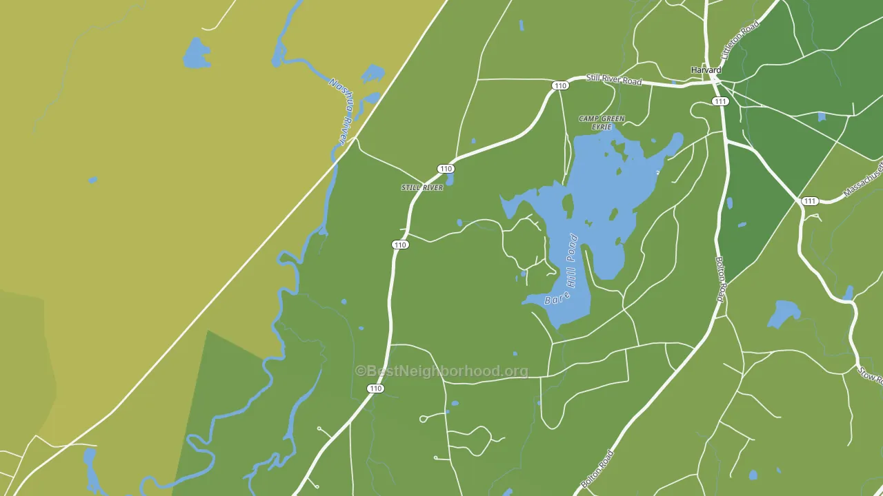 Map of the best neighborhoods in the 01467 area, with better matches in green and worse matches in red
