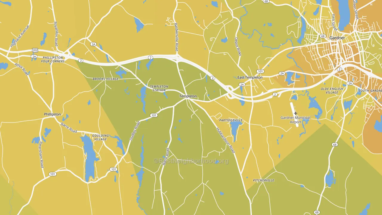 Map of the best neighborhoods in the 01468 area, with better matches in green and worse matches in red