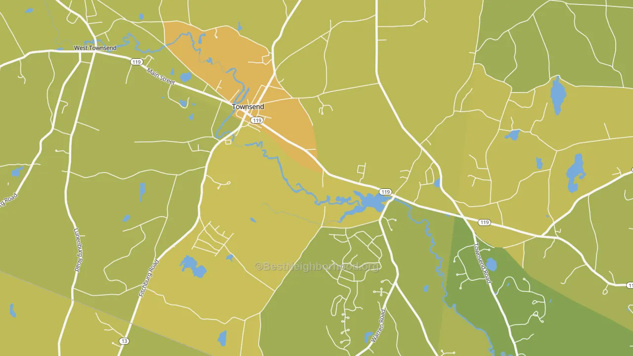 Map of the best neighborhoods in the 01469 area, with better matches in green and worse matches in red