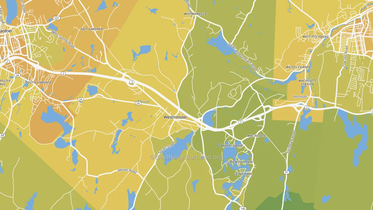 Map of the best neighborhoods in the 01473 area, with better matches in green and worse matches in red