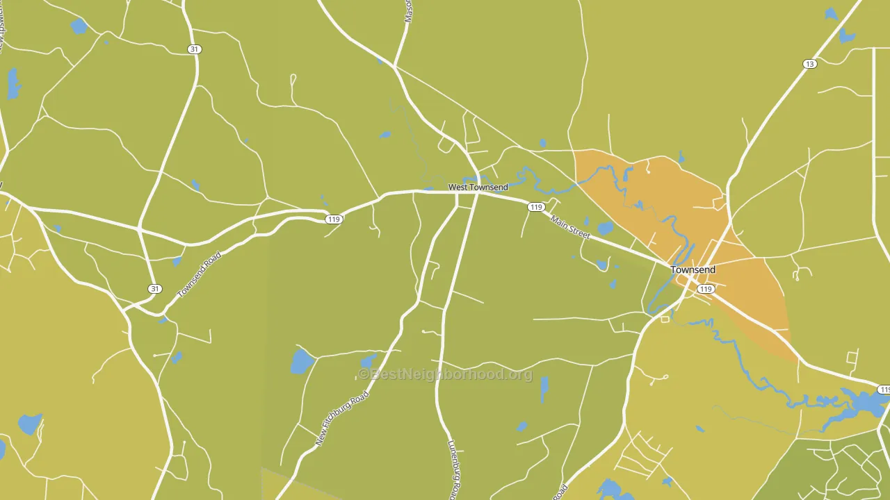 Map of the best neighborhoods in the 01474 area, with better matches in green and worse matches in red