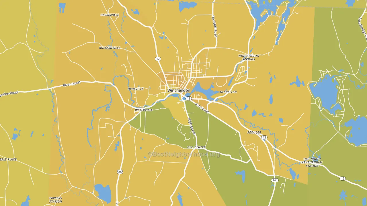 Map of the best neighborhoods in the 01475 area, with better matches in green and worse matches in red