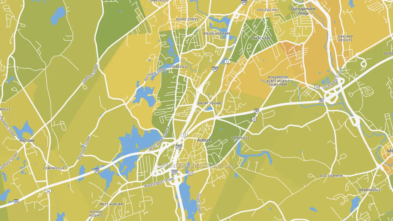 Map of the best neighborhoods in the 01501 area, with better matches in green and worse matches in red