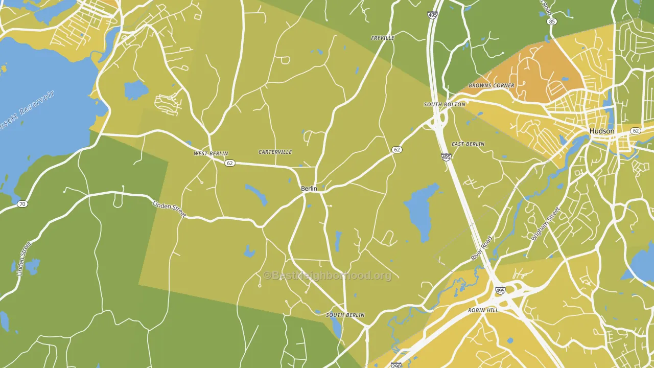 Map of the best neighborhoods in the 01503 area, with better matches in green and worse matches in red