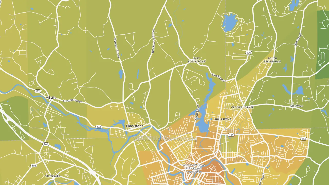 Map of the best neighborhoods in the 01504 area, with better matches in green and worse matches in red