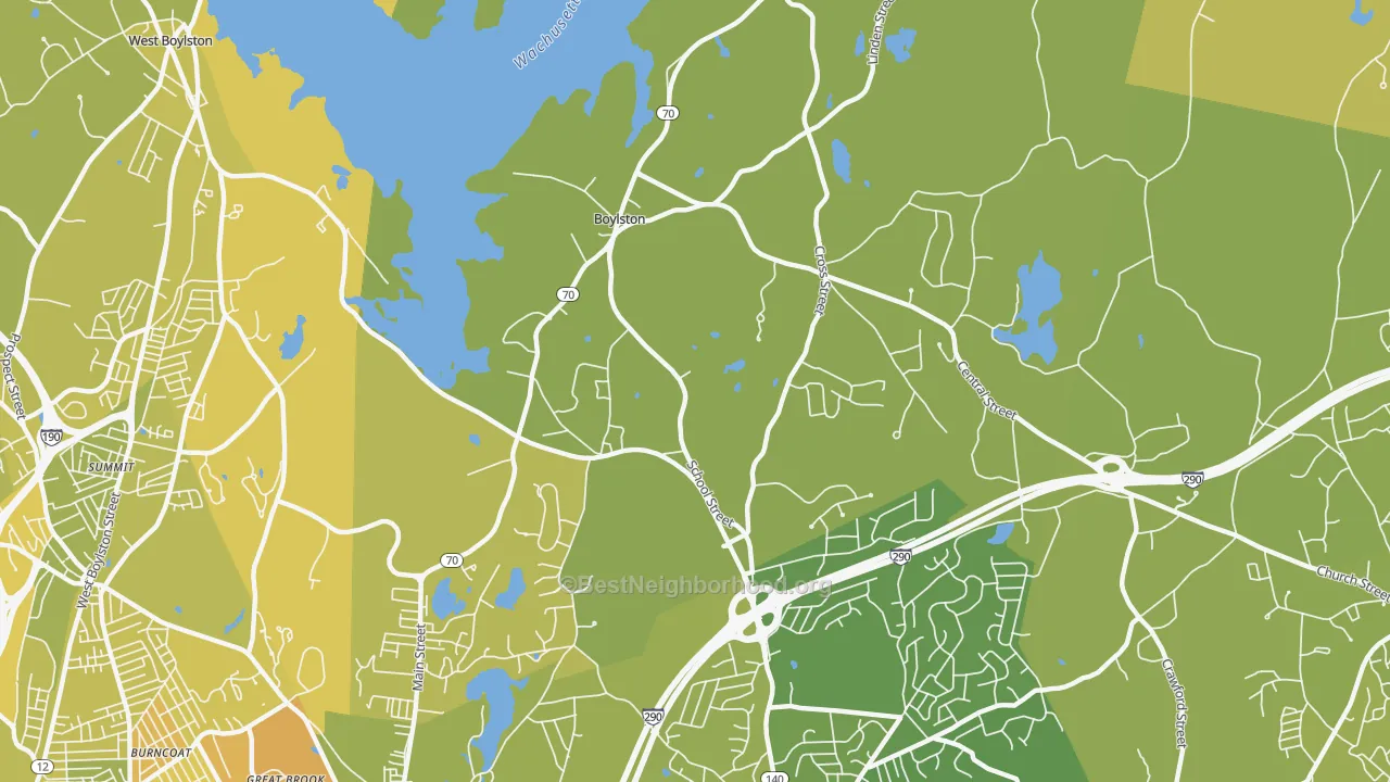 Map of the best neighborhoods in the 01505 area, with better matches in green and worse matches in red