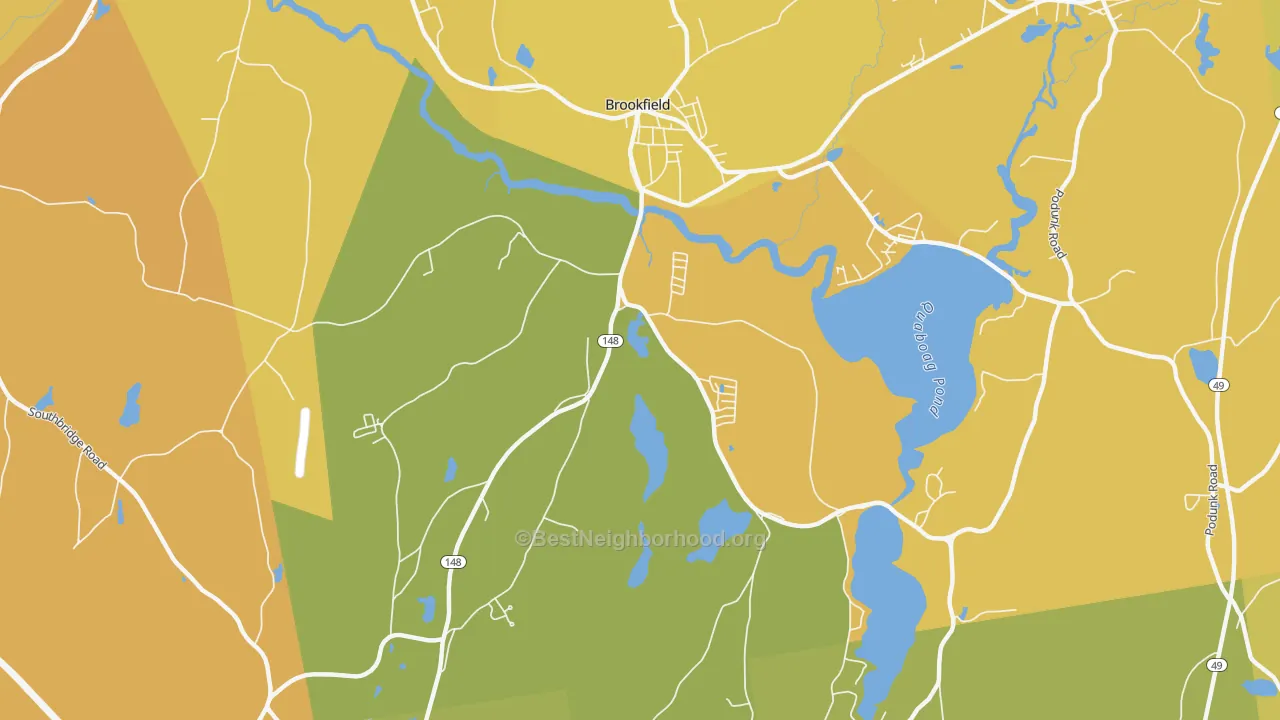 Map of the best neighborhoods in the 01506 area, with better matches in green and worse matches in red