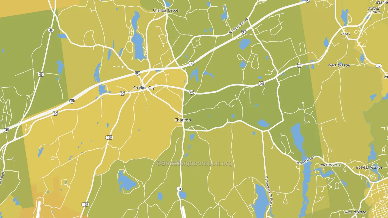 Map of the best neighborhoods in the 01507 area, with better matches in green and worse matches in red