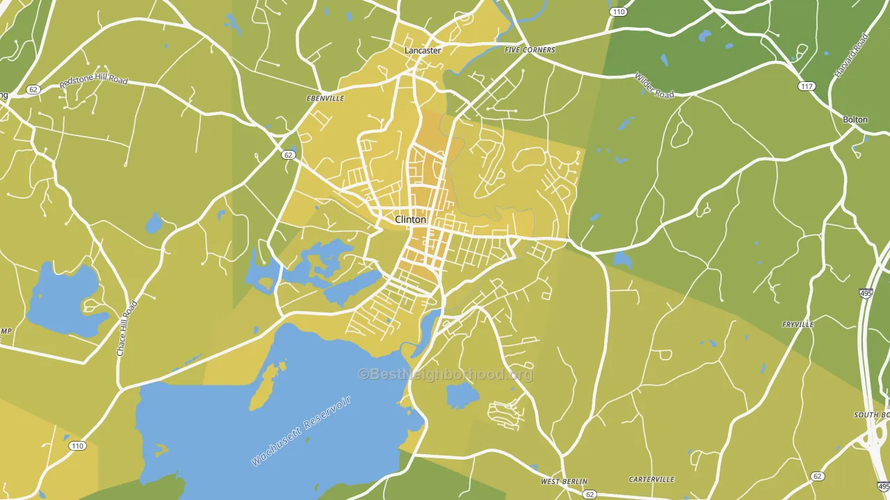 Map of the best neighborhoods in the 01510 area, with better matches in green and worse matches in red