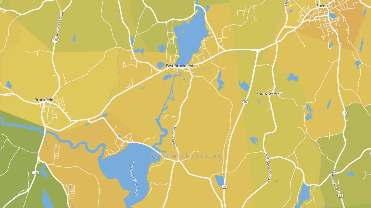 Map of the best neighborhoods in the 01515 area, with better matches in green and worse matches in red