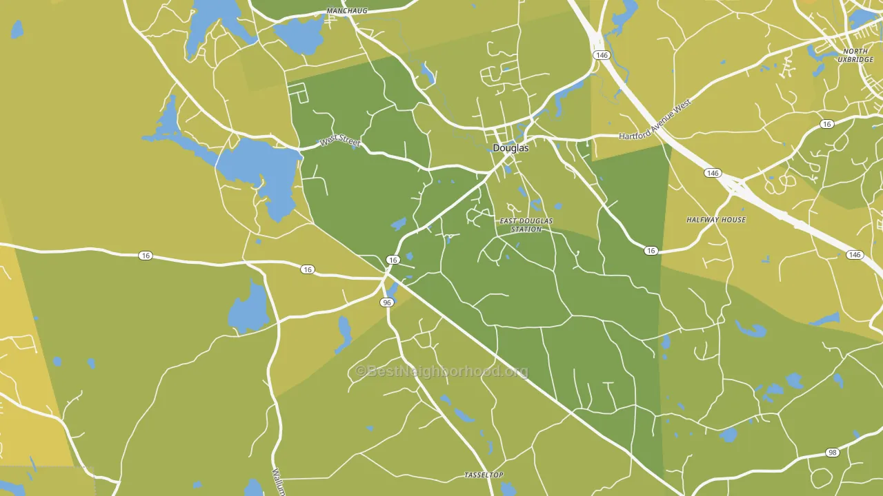 Map of the best neighborhoods in the 01516 area, with better matches in green and worse matches in red