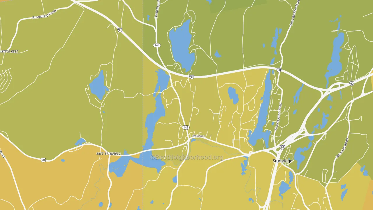 Map of the best neighborhoods in the 01518 area, with better matches in green and worse matches in red