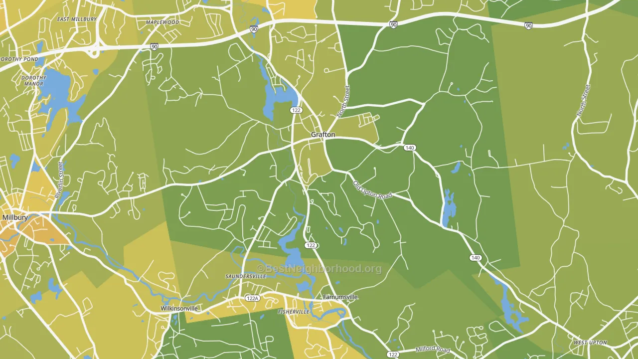 Map of the best neighborhoods in the 01519 area, with better matches in green and worse matches in red