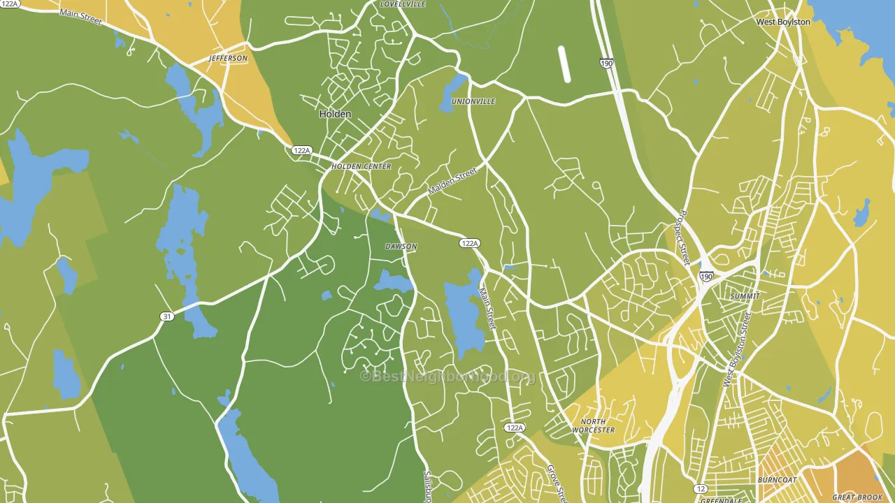 Map of the best neighborhoods in the 01520 area, with better matches in green and worse matches in red
