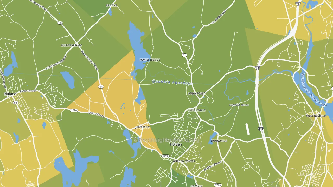 Map of the best neighborhoods in the 01522 area, with better matches in green and worse matches in red