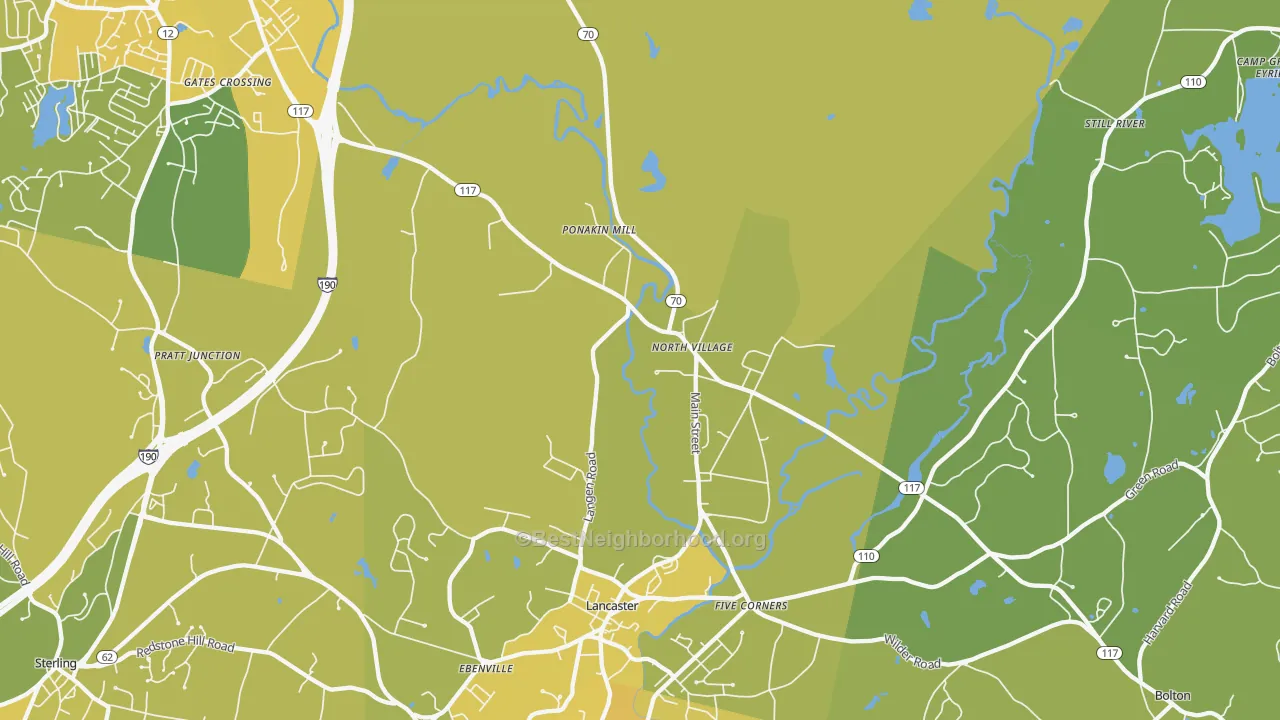 Map of the best neighborhoods in the 01523 area, with better matches in green and worse matches in red