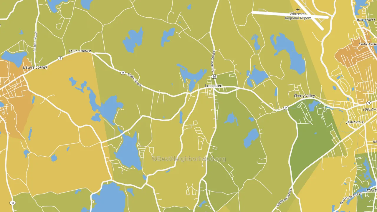 Map of the best neighborhoods in the 01524 area, with better matches in green and worse matches in red