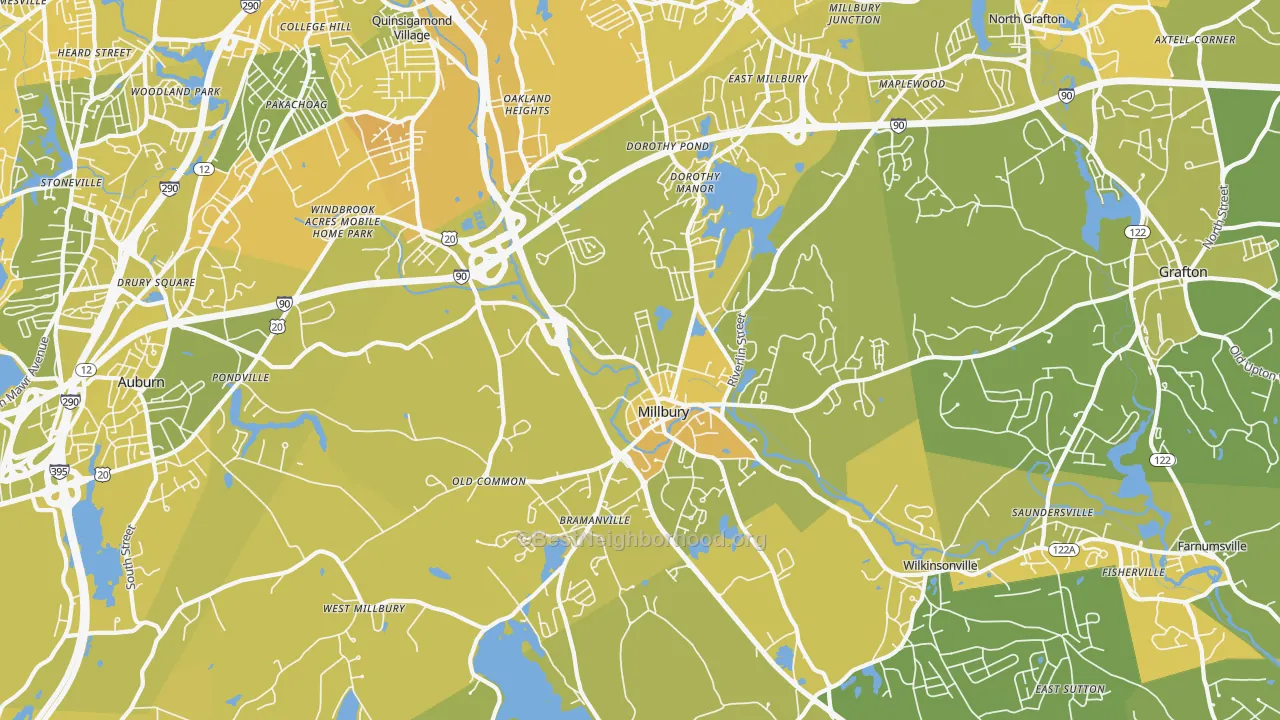 Map of the best neighborhoods in the 01527 area, with better matches in green and worse matches in red