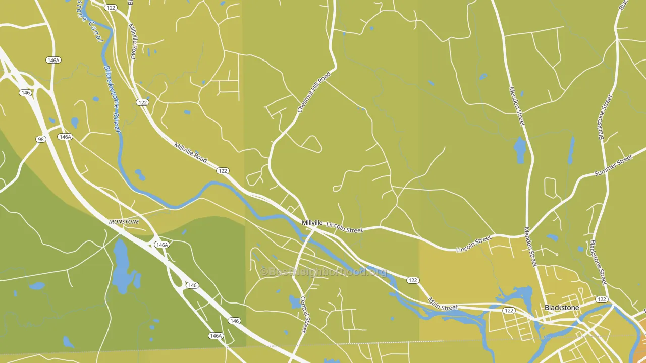 Map of the best neighborhoods in the 01529 area, with better matches in green and worse matches in red