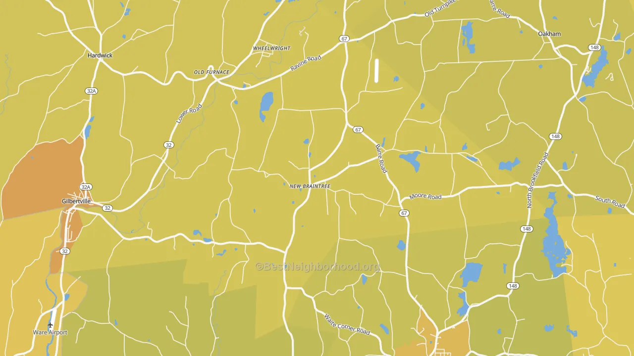 Map of the best neighborhoods in the 01531 area, with better matches in green and worse matches in red