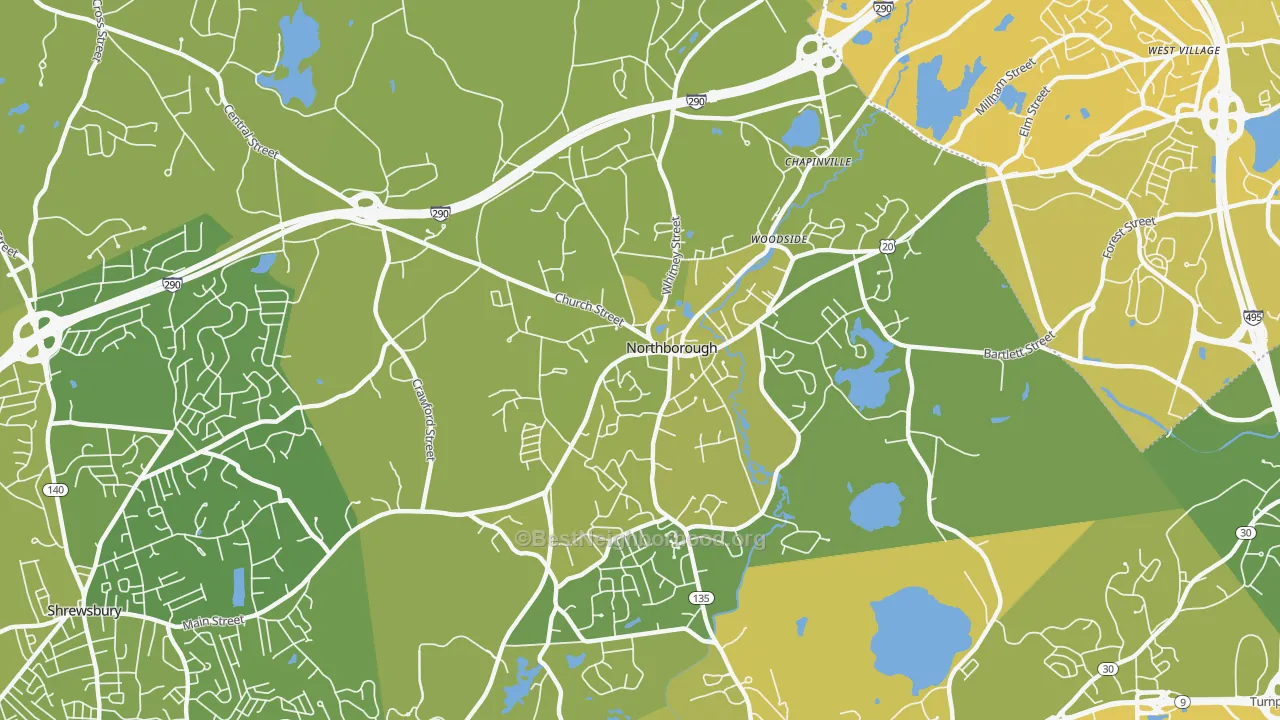 Map of the best neighborhoods in the 01532 area, with better matches in green and worse matches in red