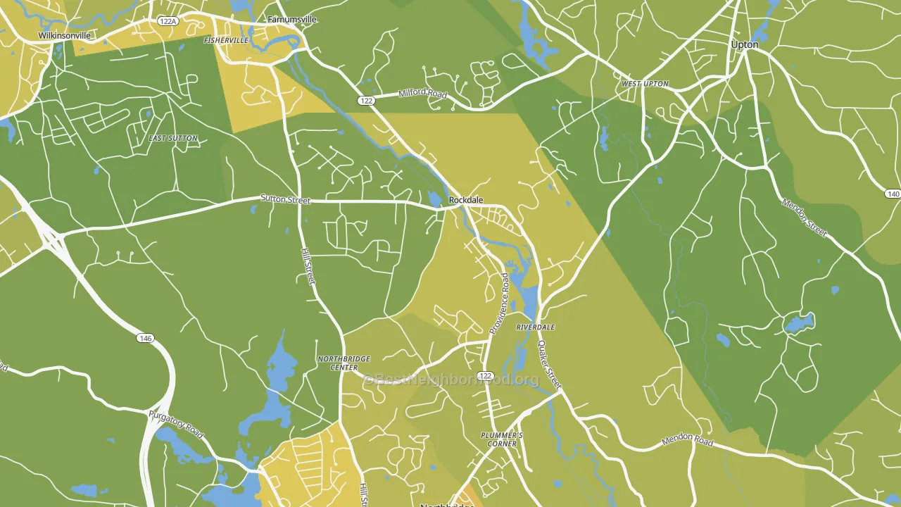 Map of the best neighborhoods in the 01534 area, with better matches in green and worse matches in red
