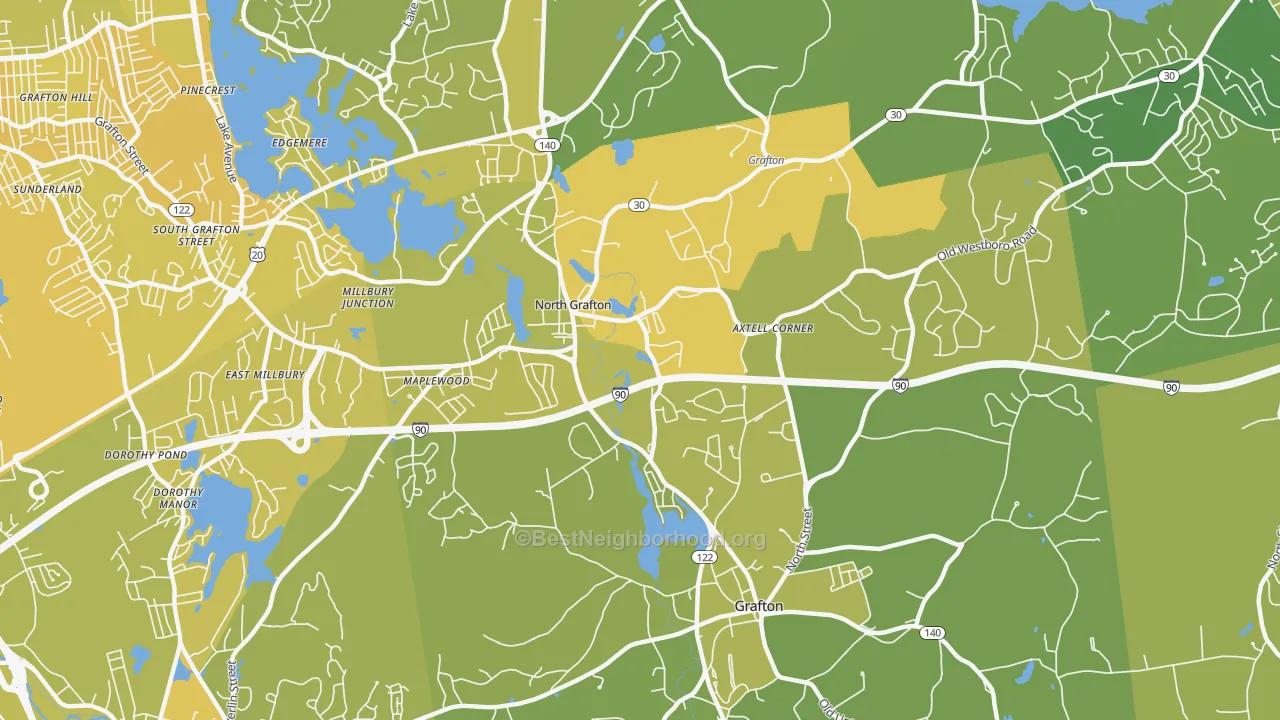 Map of the best neighborhoods in the 01536 area, with better matches in green and worse matches in red