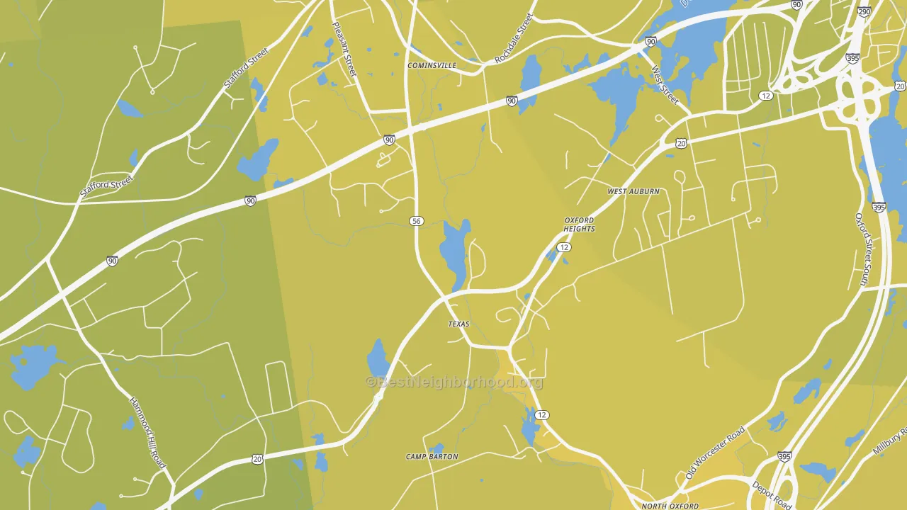 Map of the best neighborhoods in the 01537 area, with better matches in green and worse matches in red