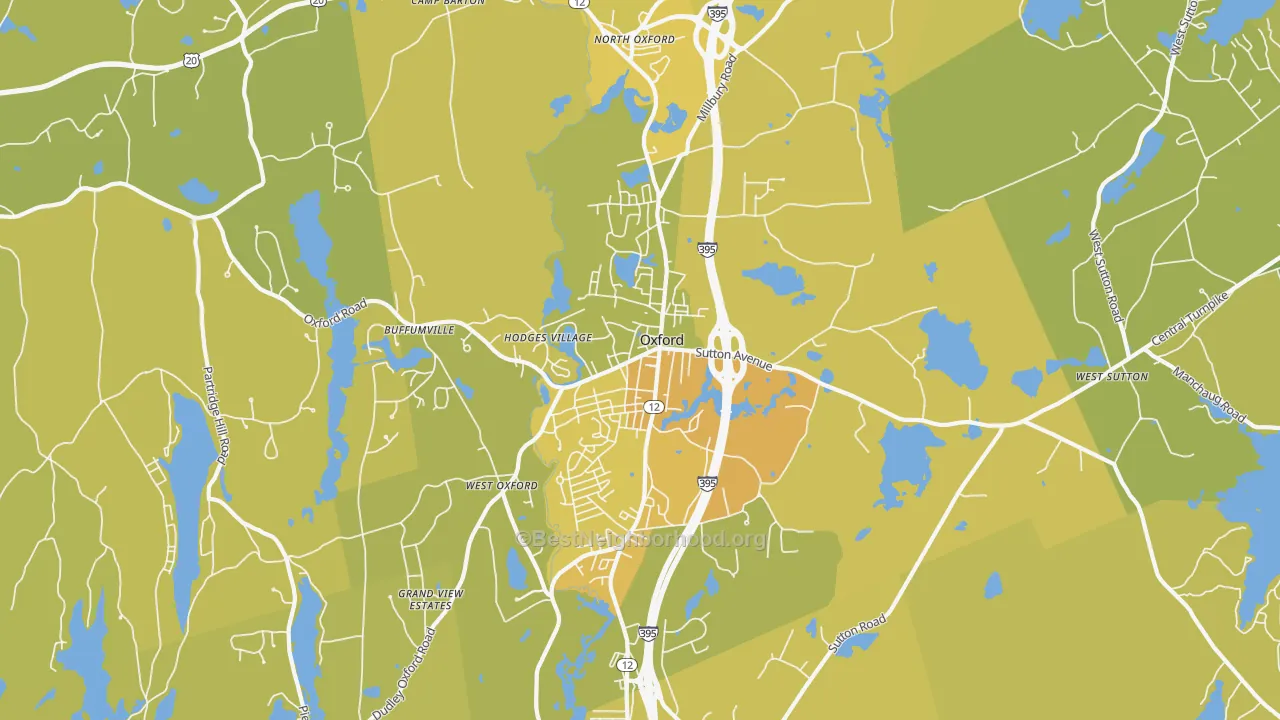 Map of the best neighborhoods in the 01540 area, with better matches in green and worse matches in red