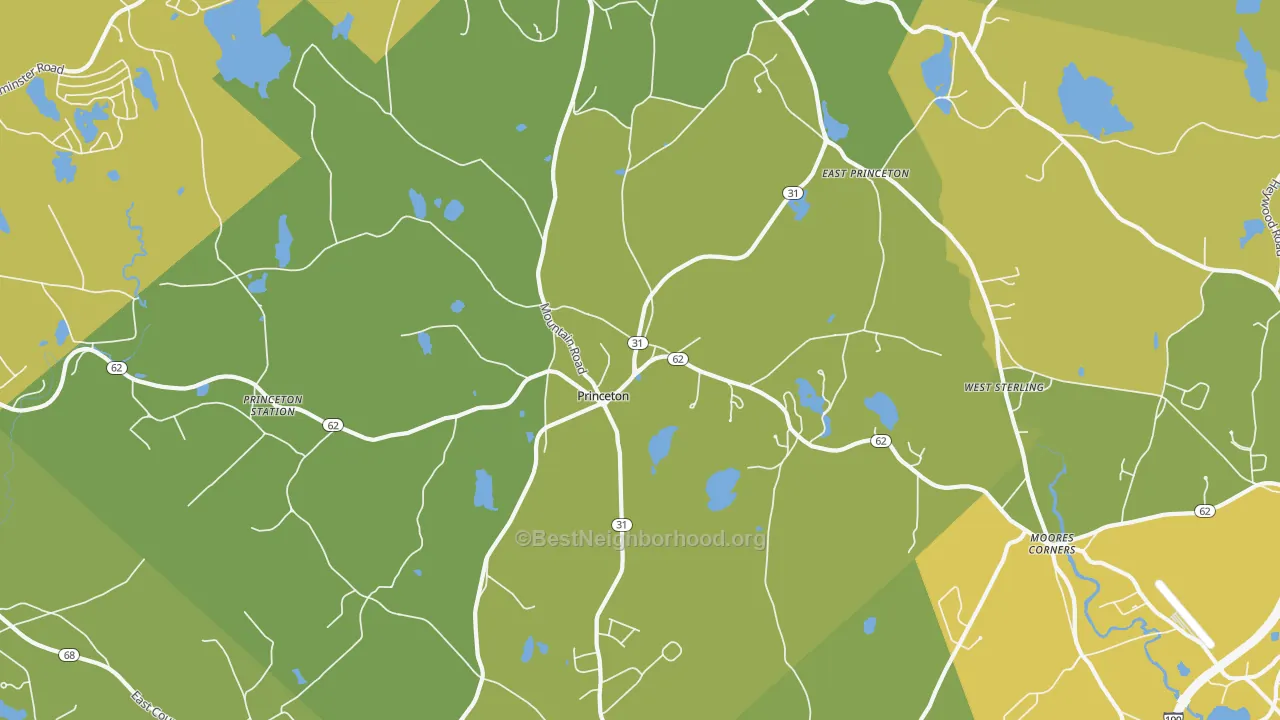 Map of the best neighborhoods in the 01541 area, with better matches in green and worse matches in red