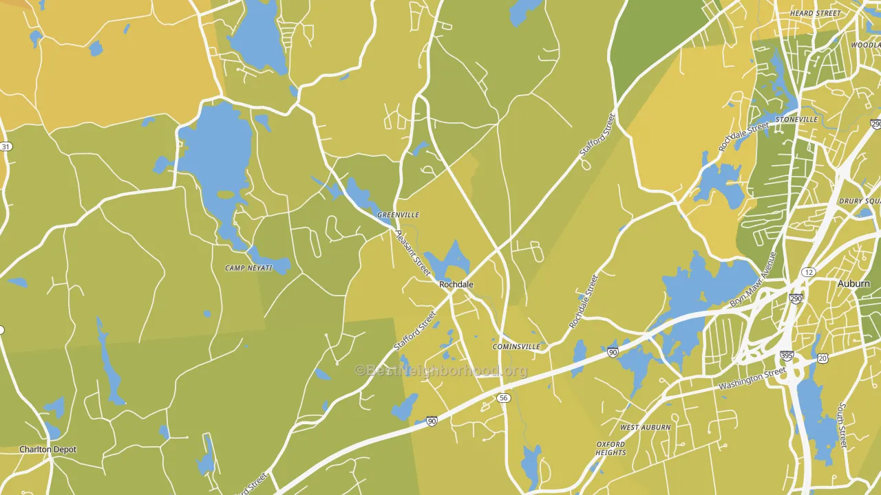 Map of the best neighborhoods in the 01542 area, with better matches in green and worse matches in red