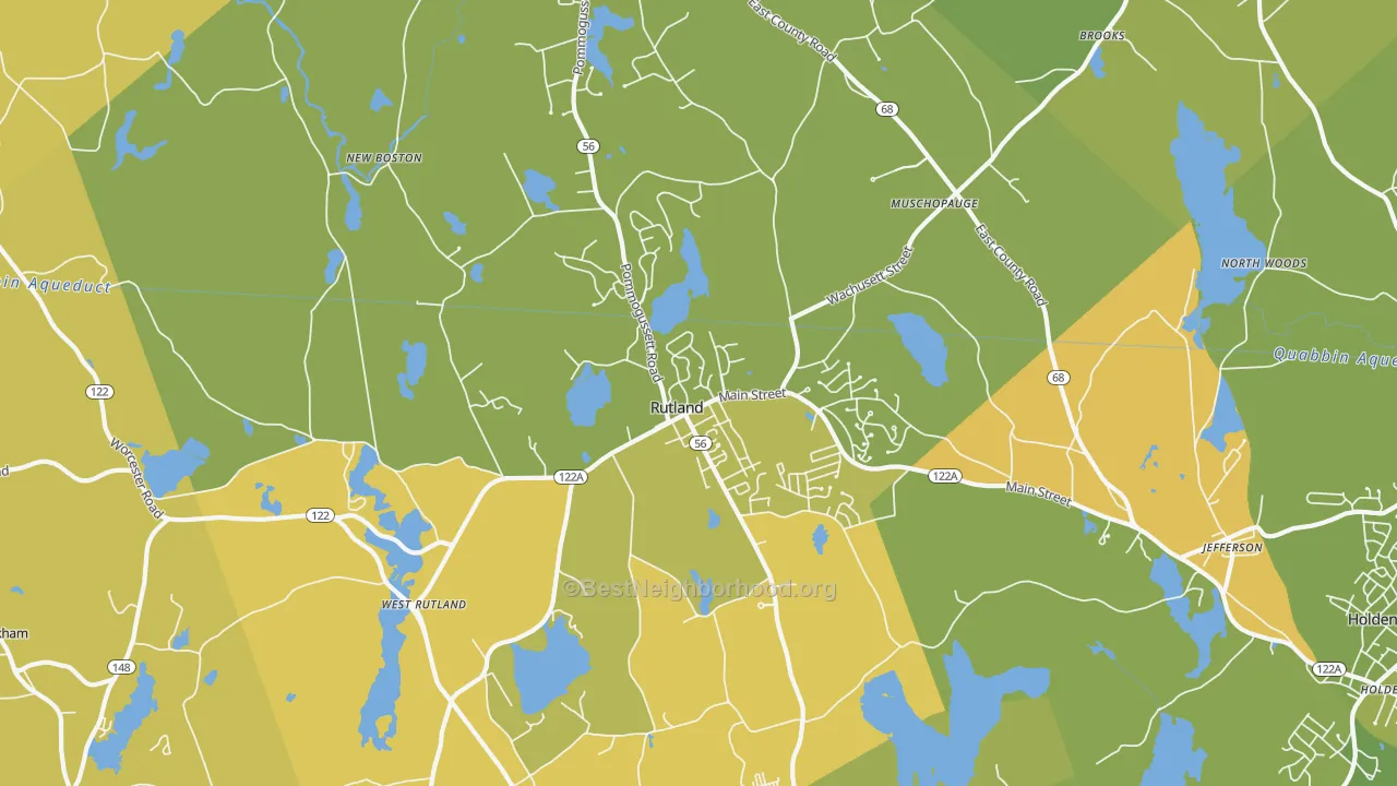 Map of the best neighborhoods in the 01543 area, with better matches in green and worse matches in red