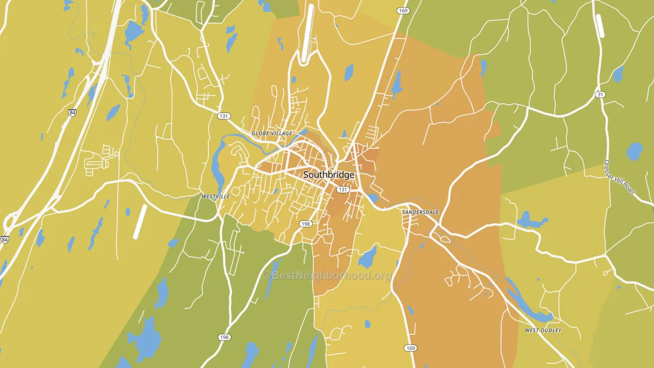 Map of the best neighborhoods in the 01550 area, with better matches in green and worse matches in red